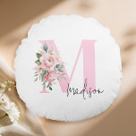 Modern Elegant Pink Floral Initial Name Monogram Round Cushion<br><div class="desc">Create your own personalised throw pillow featuring a custom letter initial monogram with elegant watercolor floral bouquet and modern typography design.</div>