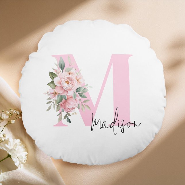Modern Elegant Pink Floral Initial Name Monogram Round Cushion (Creator Uploaded)