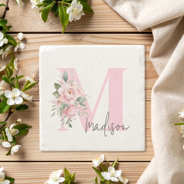 Modern Elegant Pink Floral Initial Name Monogram Stone Coaster (Creator Uploaded)