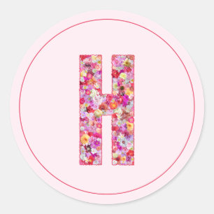 Modern Elegant Pink Floral Monogram Letter H Classic Round Sticker