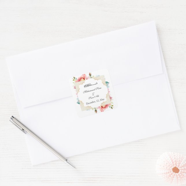 Modern Elegant Pink Floral  Muslim invitation  Square Sticker (Envelope)