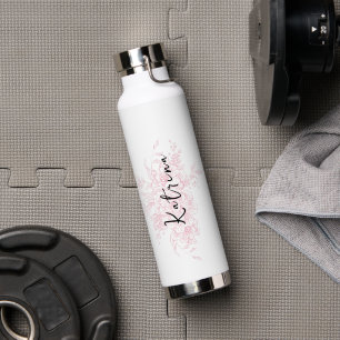 Modern Elegant Pink Floral Name Scripted Water Bottle