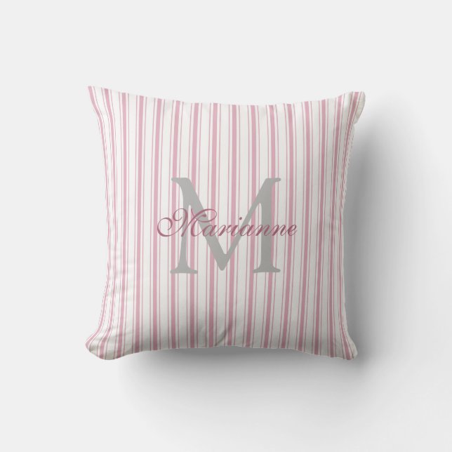 Modern Elegant Pink French Stripes Name Monogram Cushion (Front)