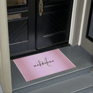 Modern Elegant Pink Girly Monogram Script Name     Doormat