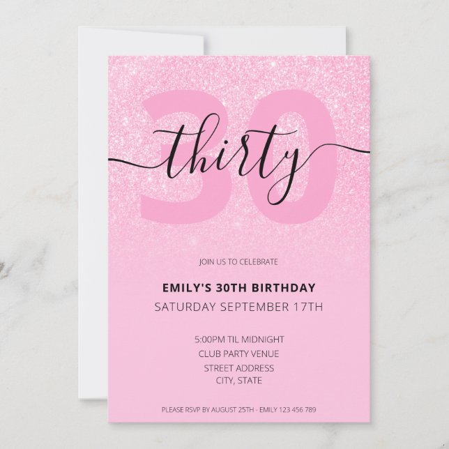 Modern Elegant Pink Glitter 30th Birthday Invitation (Front)