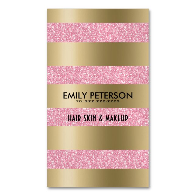 Modern Elegant Pink Glitter And Gold Stripes Magnetic Business Card (Front Vertical)