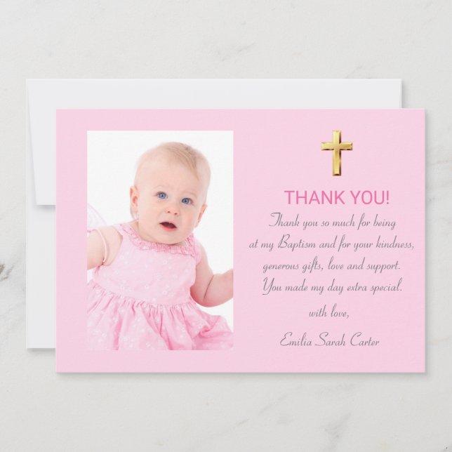 Modern Elegant Pink Gold Cross Girl Baptism Thank You Card (Front)