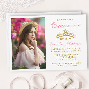 Modern Elegant Pink Gold Crown Photo Quinceanera Invitation