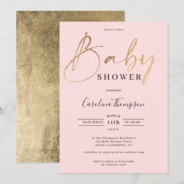 Modern elegant pink gold script font baby shower invitation (Front/Back)