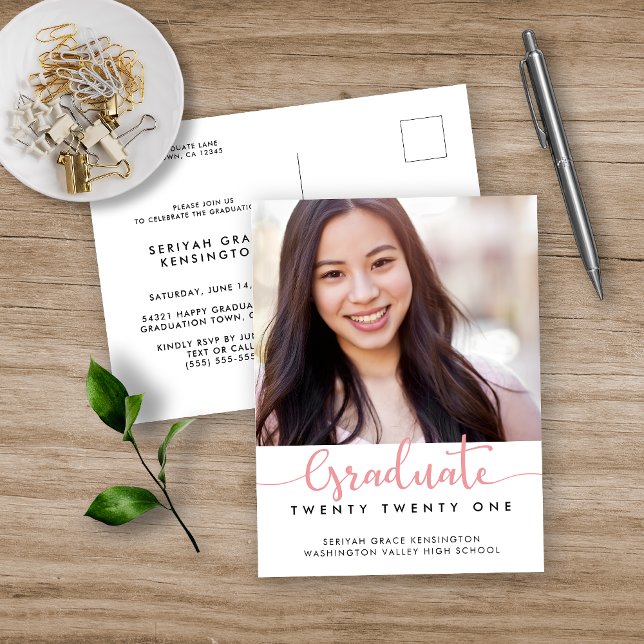 Modern Elegant Pink Graduation Script Photo Announcement Postcard (Creator Uploaded)