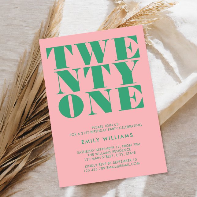 Modern Elegant Pink Green Bold 21st Birthday Invitation (Creator Uploaded)