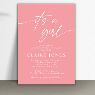 Modern Elegant Pink Its a Girl Script Baby Shower Invitation