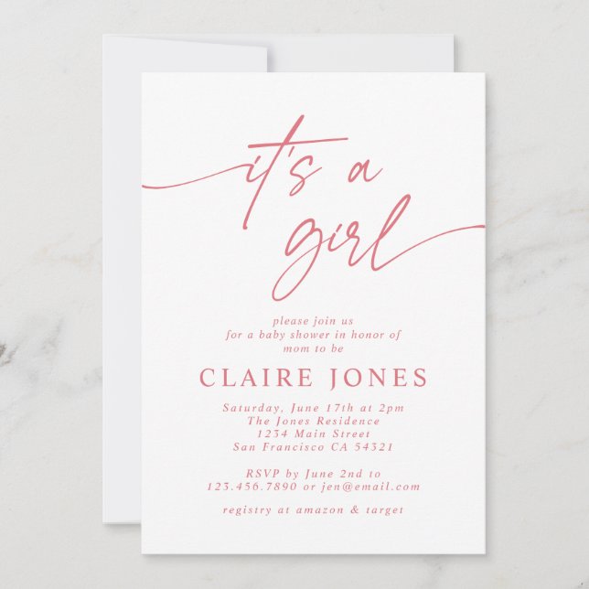 Modern Elegant Pink Its a Girl Script Baby Shower  Invitation (Front)