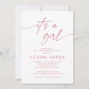 Modern Elegant Pink Its a Girl Script Baby Shower  Invitation