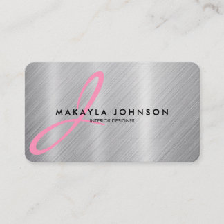 Modern & Elegant Pink Monogram Brushed Aluminium Business Card