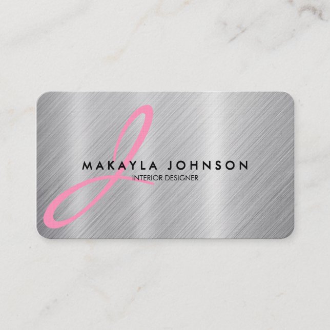 Modern & Elegant Pink Monogram Brushed Aluminium Business Card (Front)