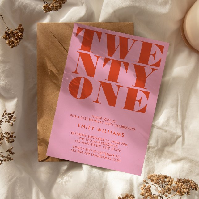 Modern Elegant Pink Orange Bold 21st Birthday Invitation (Creator Uploaded)