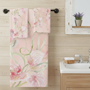 Modern Elegant Pink Peace Lilies On Peach Silk Bath Towel Set