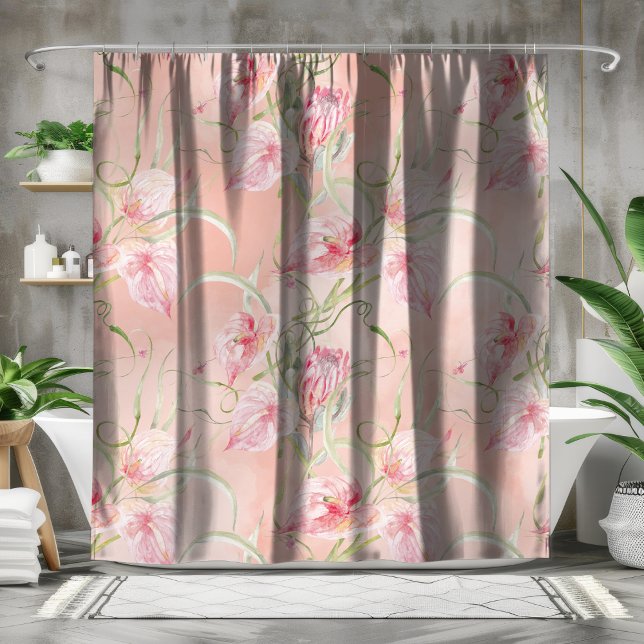 Modern Elegant Pink Peace Lilies On Peach Silk Shower Curtain (Creator Uploaded)