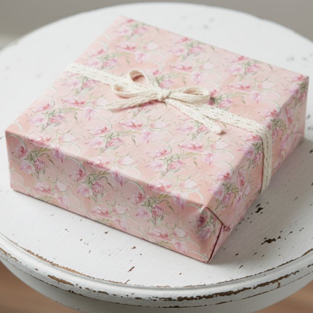 Modern Elegant Pink Peace Lilies On Peach Silk Wrapping Paper (Creator Uploaded)