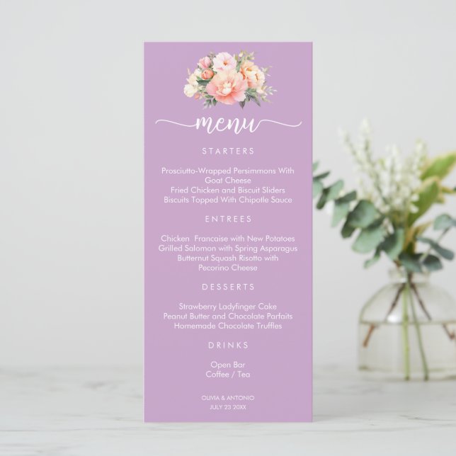 Modern Elegant Pink Peony Lilac Wedding Menu (Standing Front)