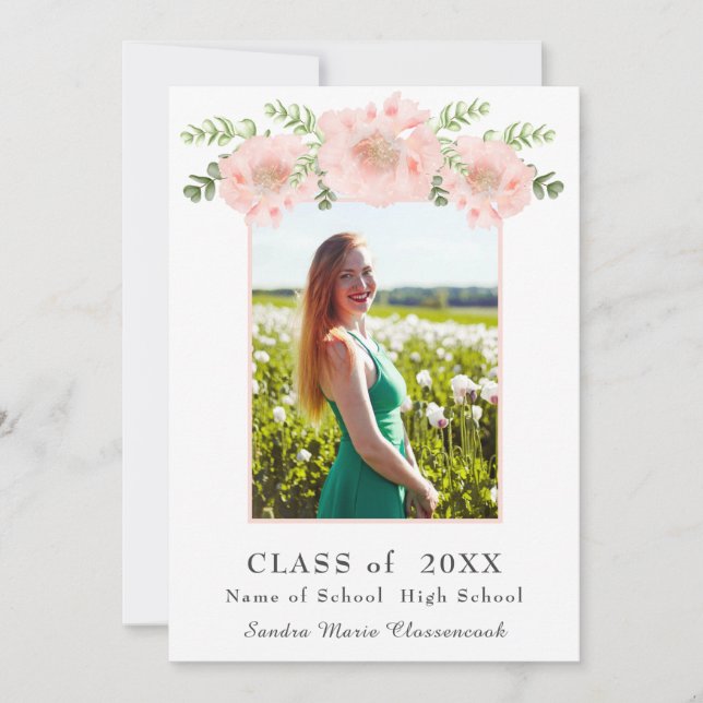 Modern Elegant  Pink Poppy floral graduation Announcement (Front)