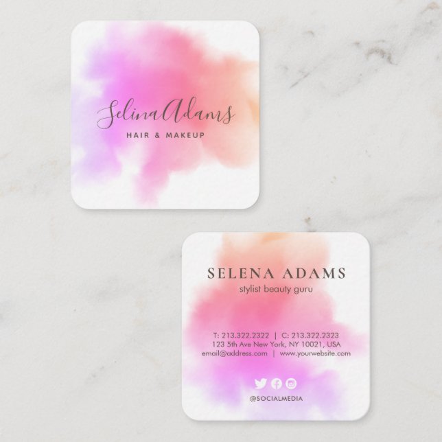 Modern Elegant Pink Purple Watercolor Abstract Square Business Card (Front/Back)