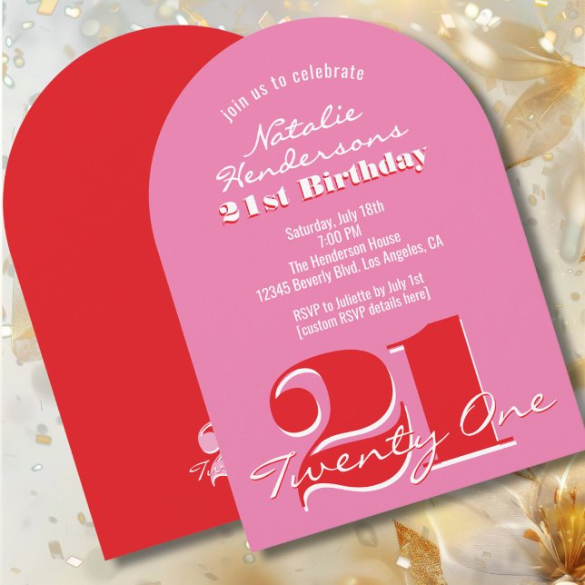 Modern Elegant Pink Red 21st Birthday Arch Invitation (Creator Uploaded)