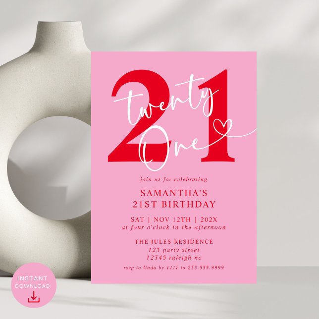 Modern Elegant Pink Red 21st Birthday Party Invitation (Creator Uploaded)