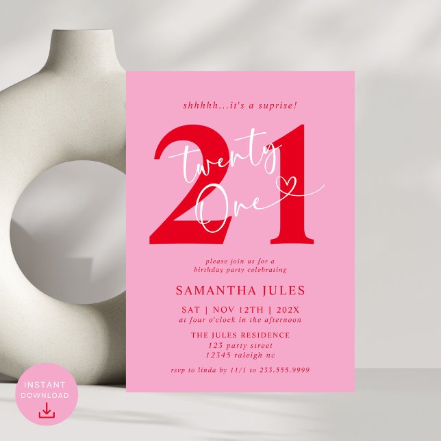 Modern Elegant Pink Red 21st Birthday Party Invitation (Creator Uploaded)