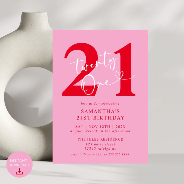 Modern Elegant Pink Red 21st Birthday Party Invitation (Creator Uploaded)