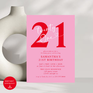 Modern Elegant Pink Red 21st Birthday Party Invitation