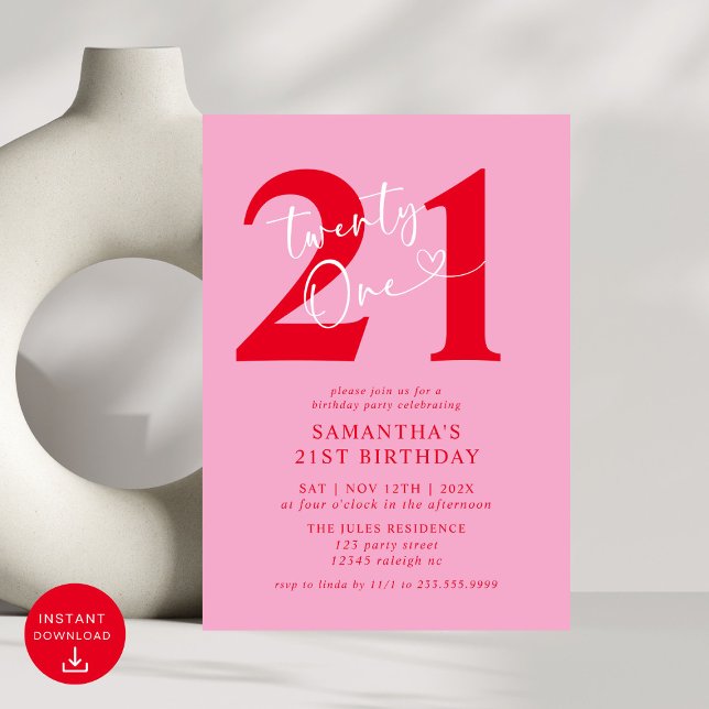Modern Elegant Pink Red 21st Birthday Party Invitation (Creator Uploaded)