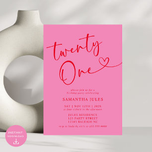 Modern Elegant Pink Red 21st Birthday Party Invitation