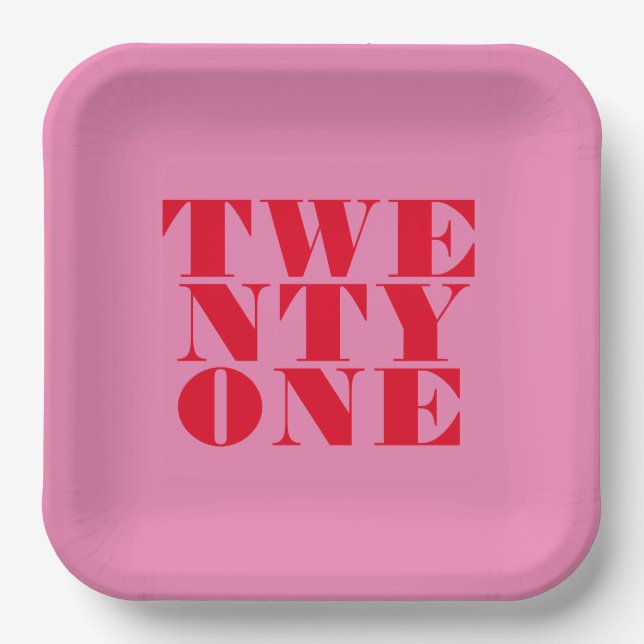 Modern Elegant Pink Red Bold 21st Birthday Paper Plate (Front)