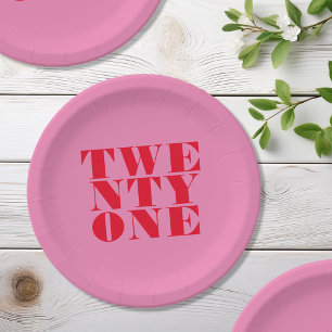Modern Elegant Pink Red Bold 21st Birthday Paper Plate