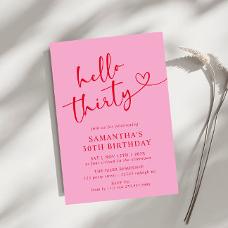 Modern Elegant Pink Red Hello 30th Birthday Party Invitation