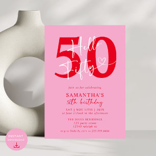 Modern Elegant Pink Red Hello 50th Birthday Party Invitation