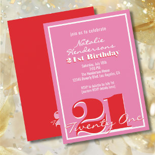 Modern Elegant Pink Red Retro 21st Birthday  Invitation