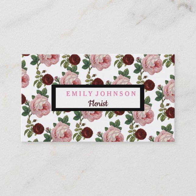Modern elegant Pink & Red Roses Floral Business Card (Front)