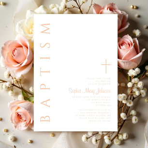Modern Elegant Pink Religious Cross Girl Baptism Invitation