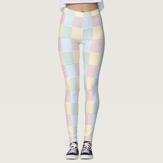 Modern Elegant Pink Rose Blue Green Yellow White Leggings (Front)