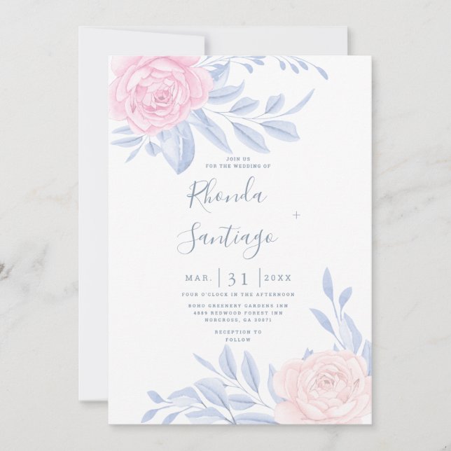 Modern Elegant Pink Rose Blue Minimalist Wedding Invitation (Front)