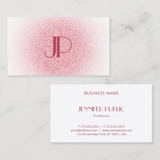 Modern Elegant Pink Rose Gold Glitter Monogram Business Card (Front/Back)
