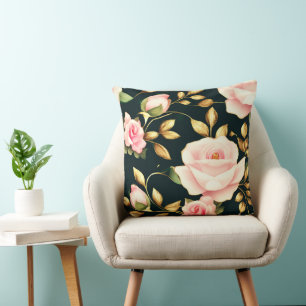 Modern Elegant Pink Roses Gold Leaves Cushion