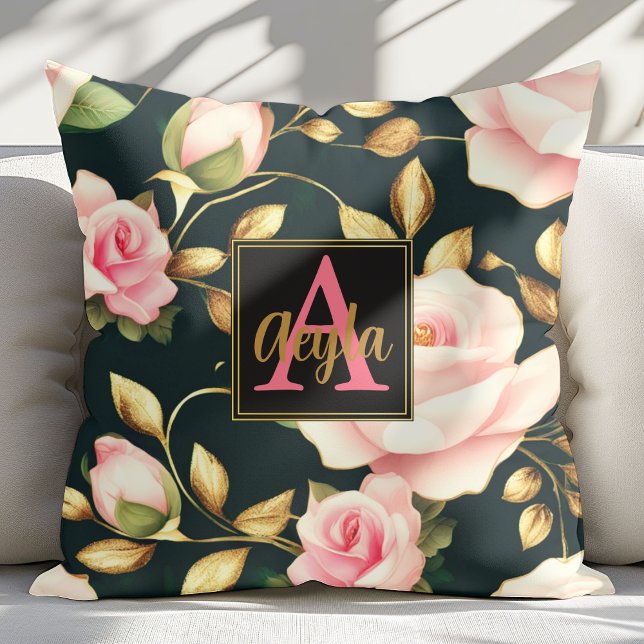 Modern Elegant Pink Roses Gold Leaves Monogram Cushion (Creator Uploaded)