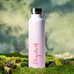 Modern Elegant Pink Script Custom Name Monogrammed Water Bottle<br><div class="desc">Create your own custom, personalised, modern, cool, stylish, chic, trendy, baby pink and white stripes shaded striped pattern design, girly, feminine, elegant girly pink typography script, spill-proof, stainless steel, condensation-resistant exterior, monogrammed matte black durable double-wall Thor Copper Vacuum Insulated Bottle that keeps beverages hot for 12 hours or cold for...</div>