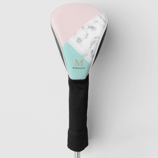 Modern elegant pink turquoise marble monogram golf head cover (Front)