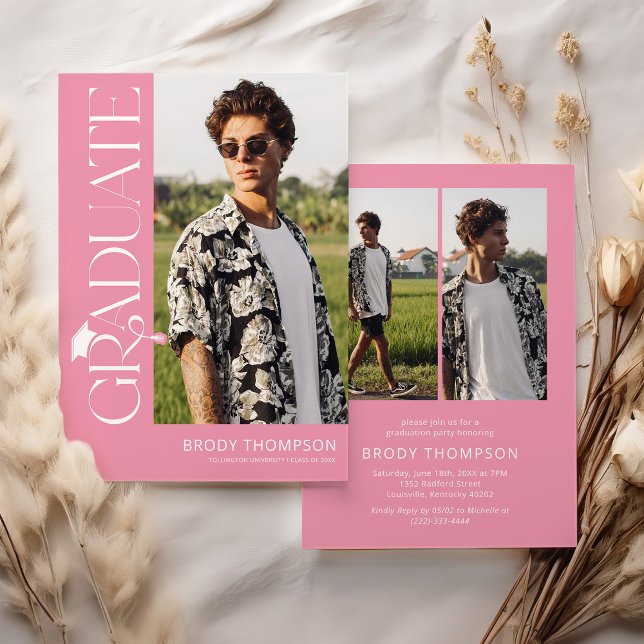 Modern Elegant Pink & White 3 Photo Graduation Invitation (Creator Uploaded)