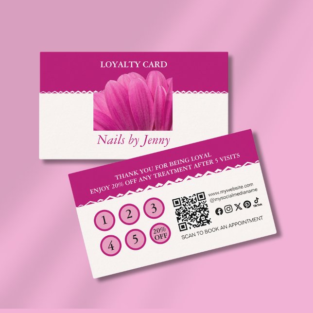 Modern Elegant Pink White Floral Nail Salon Loyalty Card (Creator Uploaded)